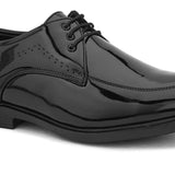 A pair of elegant men's black patent dress shoes, showcasing a sleek and polished design suitable for formal occasions.