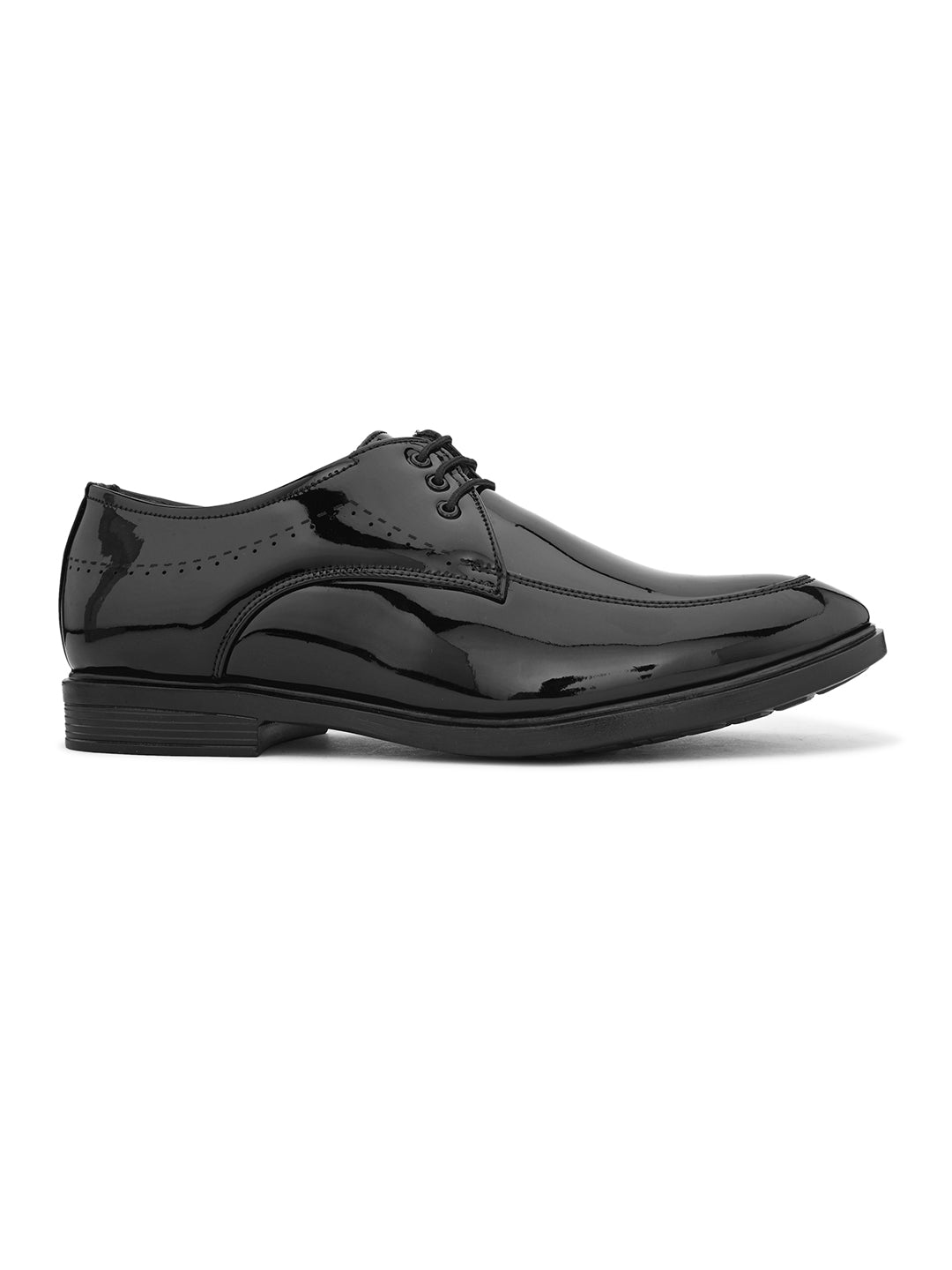 A pair of elegant men's black patent dress shoes, showcasing a sleek and polished design suitable for formal occasions.