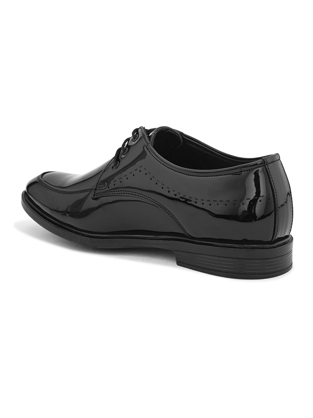 A pair of elegant men's black patent dress shoes, showcasing a sleek and polished design suitable for formal occasions.