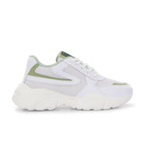 A green tennis shoe with a sleek design and lightweight construction, suitable for athletic activities.