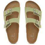 Green Open Toe Flats with Buckles featuring buckle detailing for an adjustable fit and stylish look.