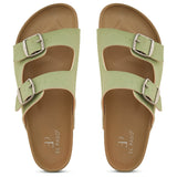 Green Open Toe Flats with Buckles featuring buckle detailing for an adjustable fit and stylish look.
