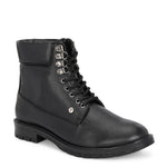 Black lace-up ankle boots with a textured leather finish, padded collar, metal eyelets, and a rugged sole design.