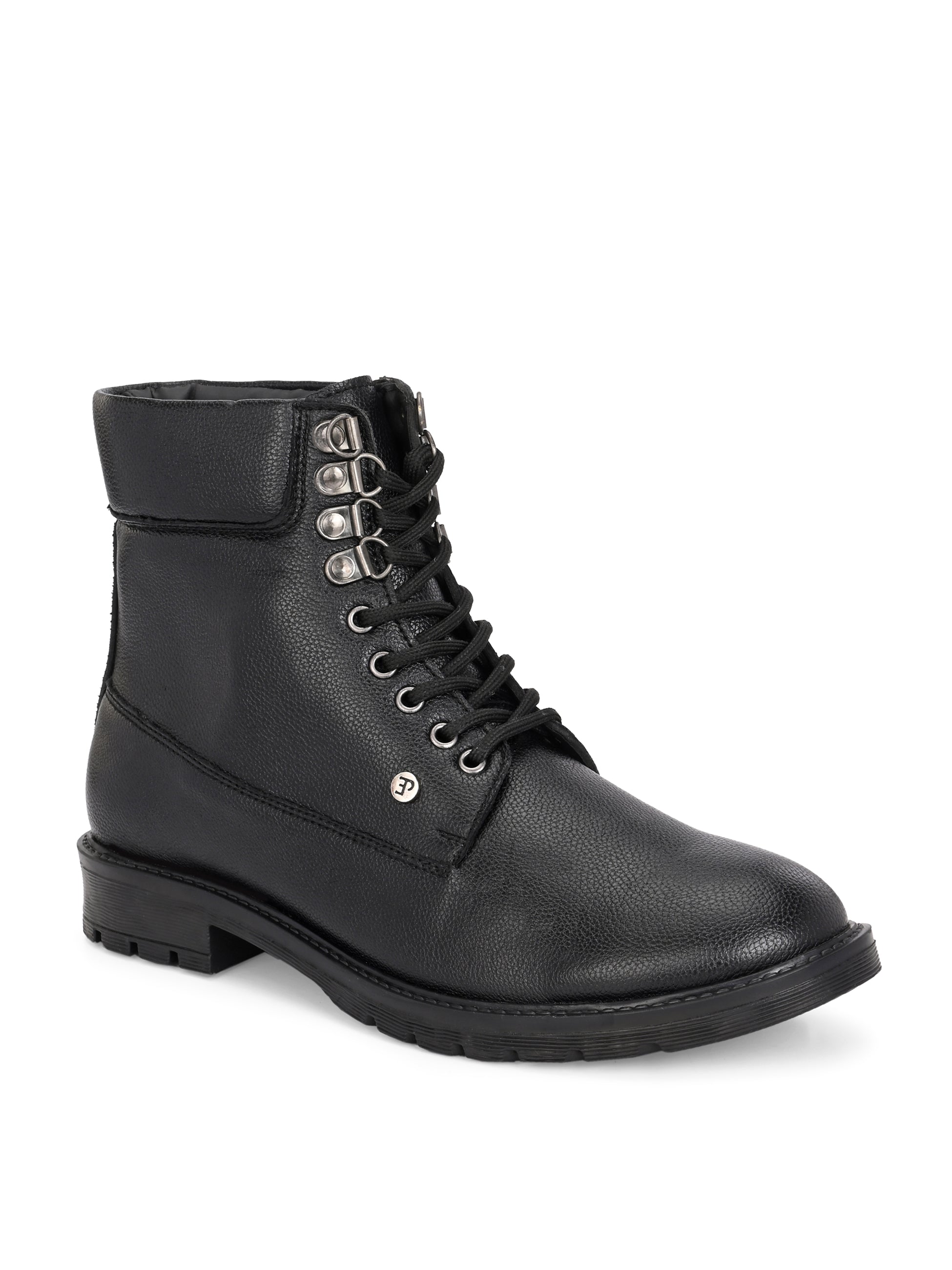 Black lace-up ankle boots with a textured leather finish, padded collar, metal eyelets, and a rugged sole design.