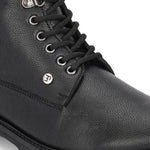 Black lace-up ankle boots with a textured leather finish, padded collar, metal eyelets, and a rugged sole design.