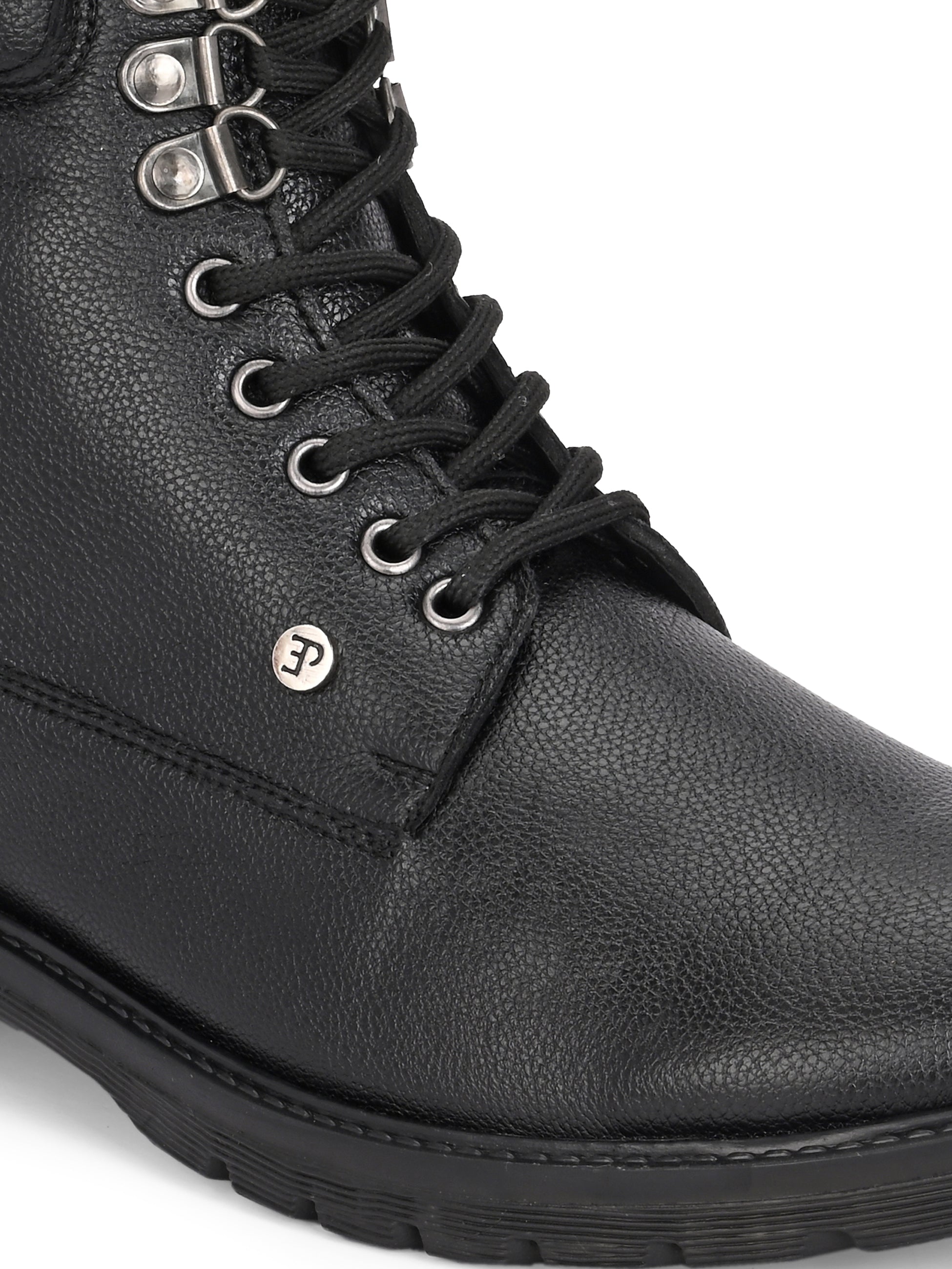 Black lace-up ankle boots with a textured leather finish, padded collar, metal eyelets, and a rugged sole design.