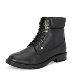 Black lace-up ankle boots with a textured leather finish, padded collar, metal eyelets, and a rugged sole design.