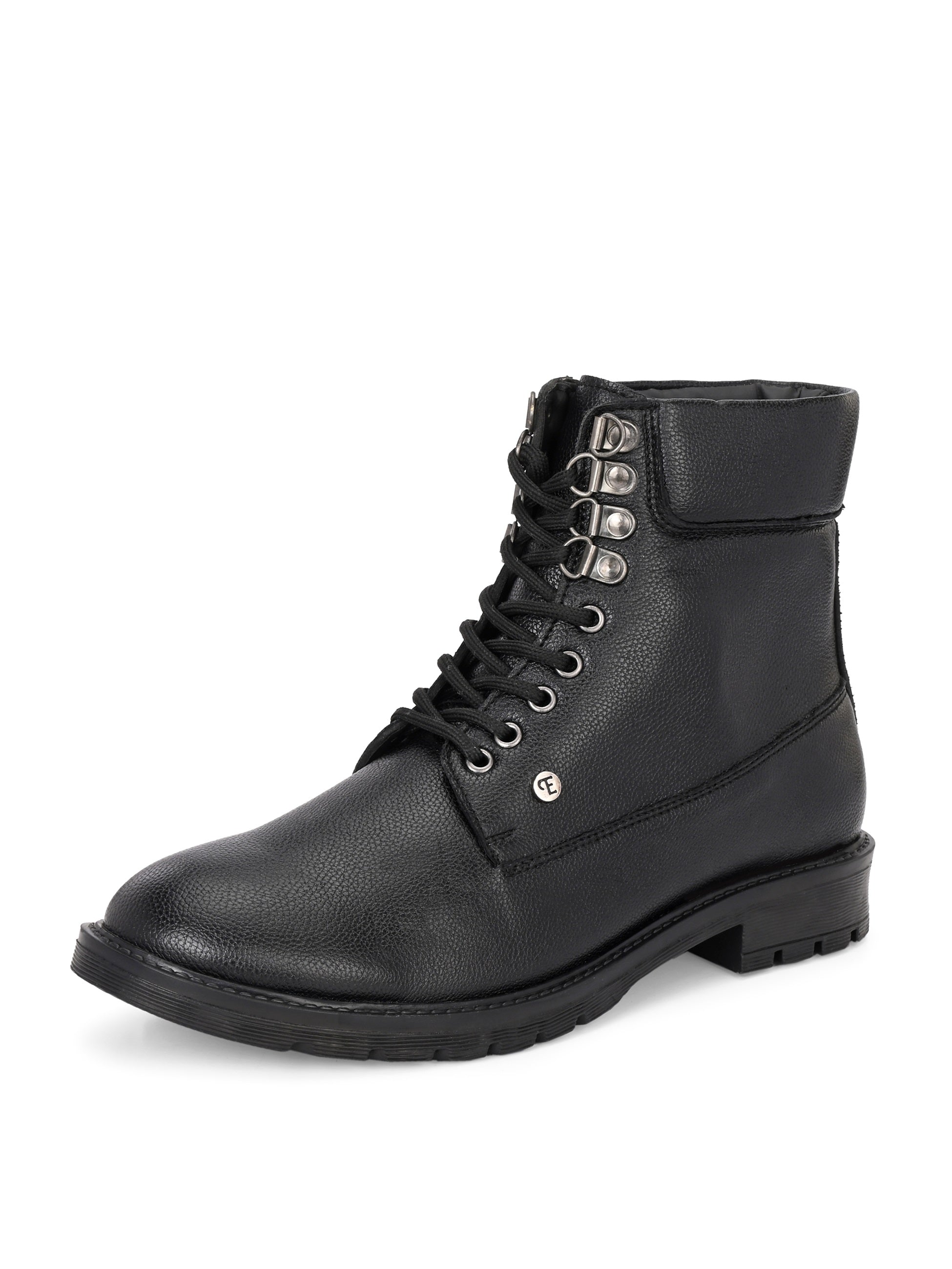 Black lace-up ankle boots with a textured leather finish, padded collar, metal eyelets, and a rugged sole design.