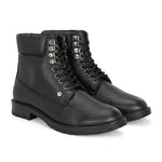 Men's black high-top lace-up boots with textured leather, padded collar, metal eyelets, and a rugged sole.