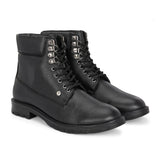 Men's black high-top lace-up boots with textured leather, padded collar, metal eyelets, and a rugged sole.