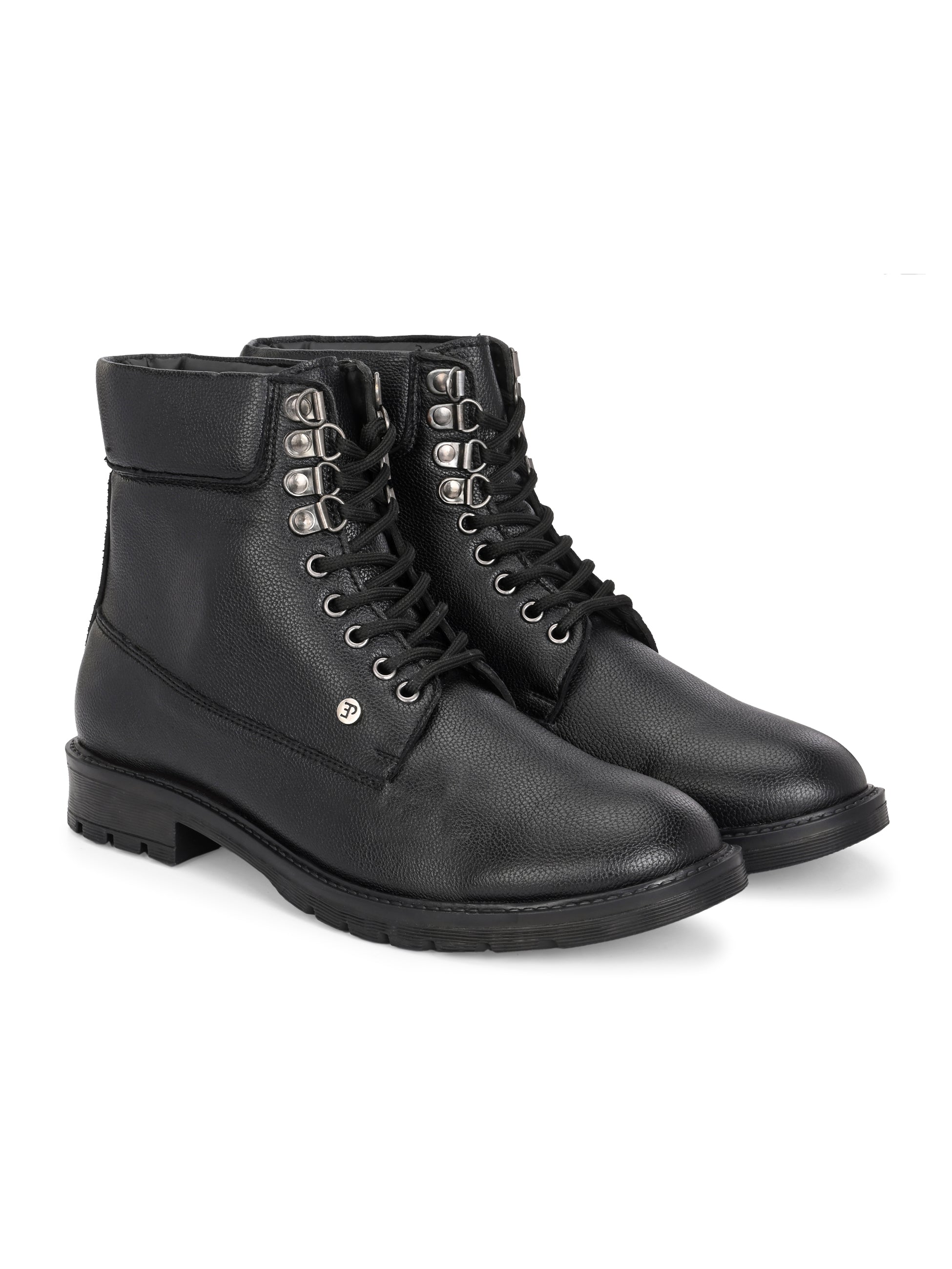 Men's black high-top lace-up boots with textured leather, padded collar, metal eyelets, and a rugged sole.