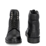 Black lace-up ankle boots with a textured leather finish, padded collar, metal eyelets, and a rugged sole design.