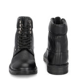 Black lace-up ankle boots with a textured leather finish, padded collar, metal eyelets, and a rugged sole design.