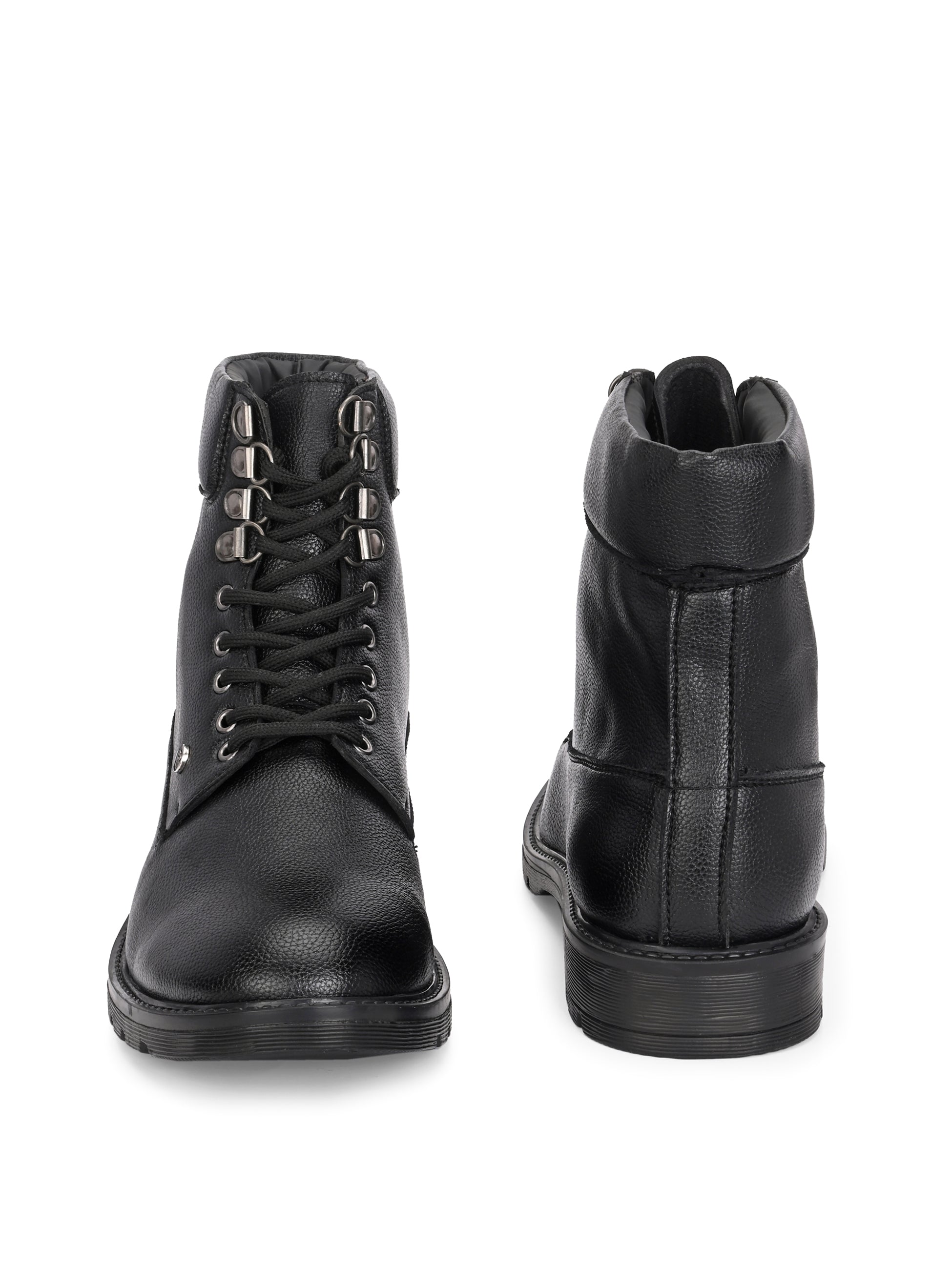 Black lace-up ankle boots with a textured leather finish, padded collar, metal eyelets, and a rugged sole design.
