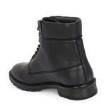 Black lace-up ankle boots with a textured leather finish, padded collar, metal eyelets, and a rugged sole design.