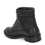 Black lace-up ankle boots with a textured leather finish, padded collar, metal eyelets, and a rugged sole design.