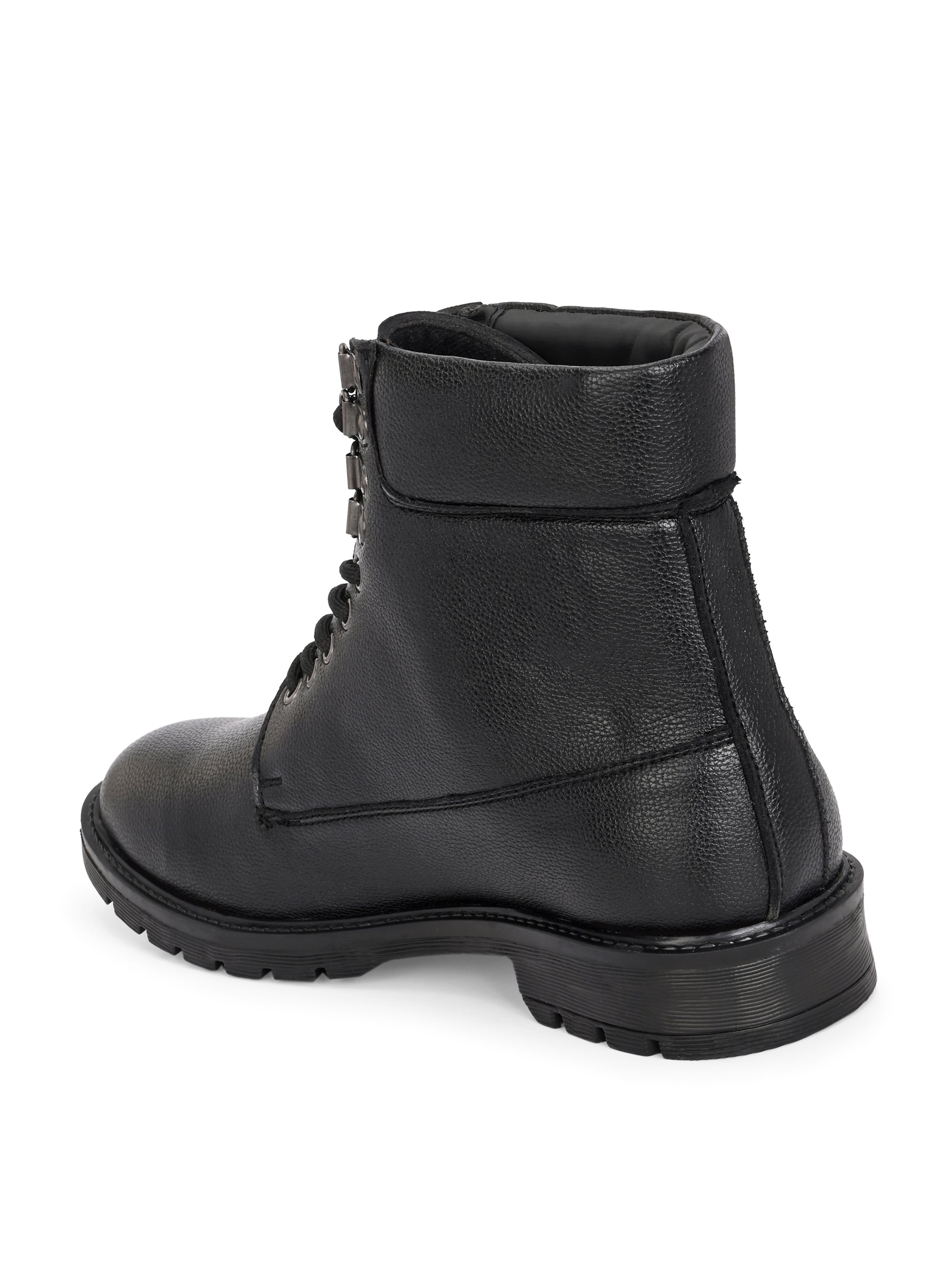 Black lace-up ankle boots with a textured leather finish, padded collar, metal eyelets, and a rugged sole design.