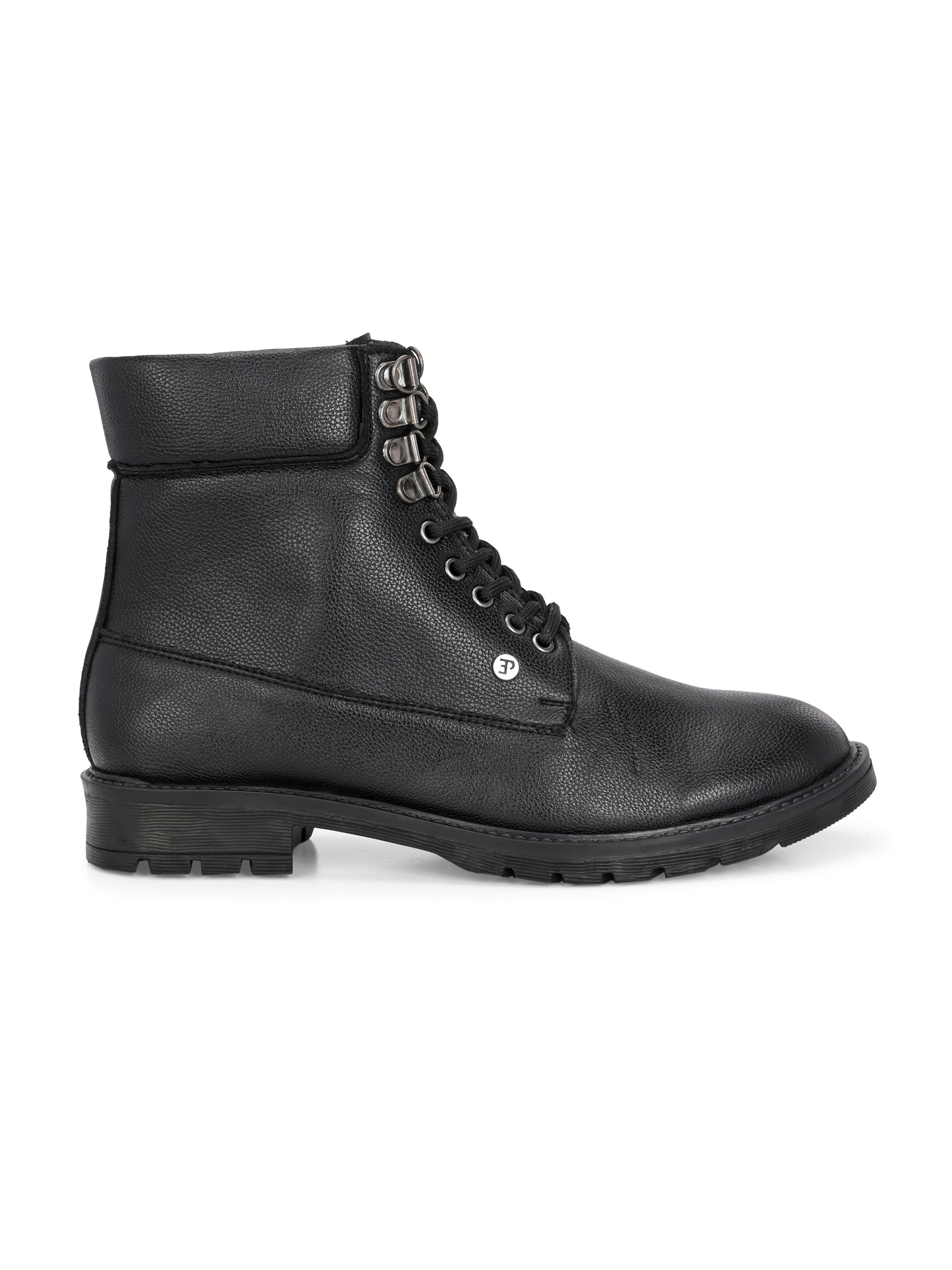Black lace-up ankle boots with a textured leather finish, padded collar, metal eyelets, and a rugged sole design.