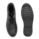 Black lace-up ankle boots with a textured leather finish, padded collar, metal eyelets, and a rugged sole design.