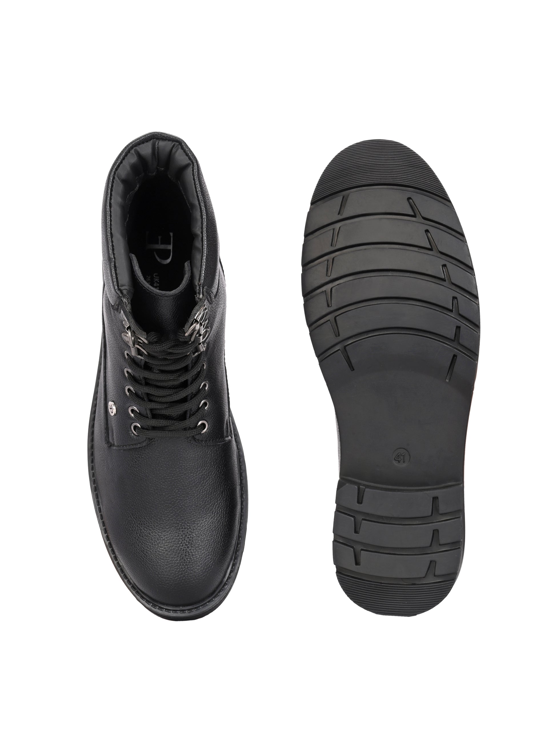 Black lace-up ankle boots with a textured leather finish, padded collar, metal eyelets, and a rugged sole design.