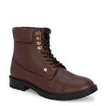 Men's brown high-top lace-up boots with textured leather, padded collar, metal eyelets, and a rugged sole.
