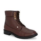 Men's brown high-top lace-up boots with textured leather, padded collar, metal eyelets, and a rugged sole.