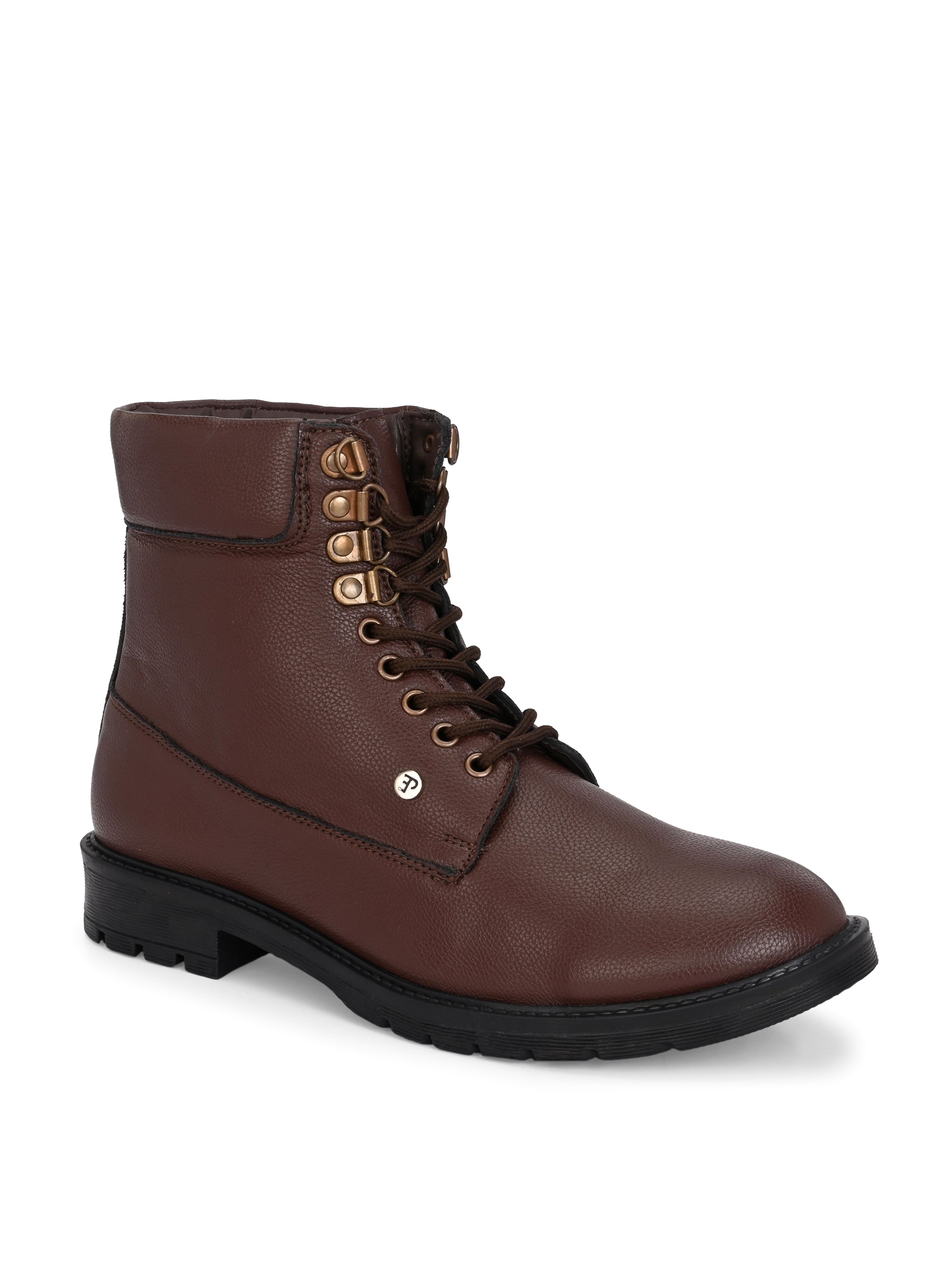 Men's brown high-top lace-up boots with textured leather, padded collar, metal eyelets, and a rugged sole.