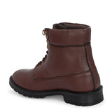 Brown lace-up ankle boots with a textured leather finish, padded collar, metal eyelets, and a rugged sole design.