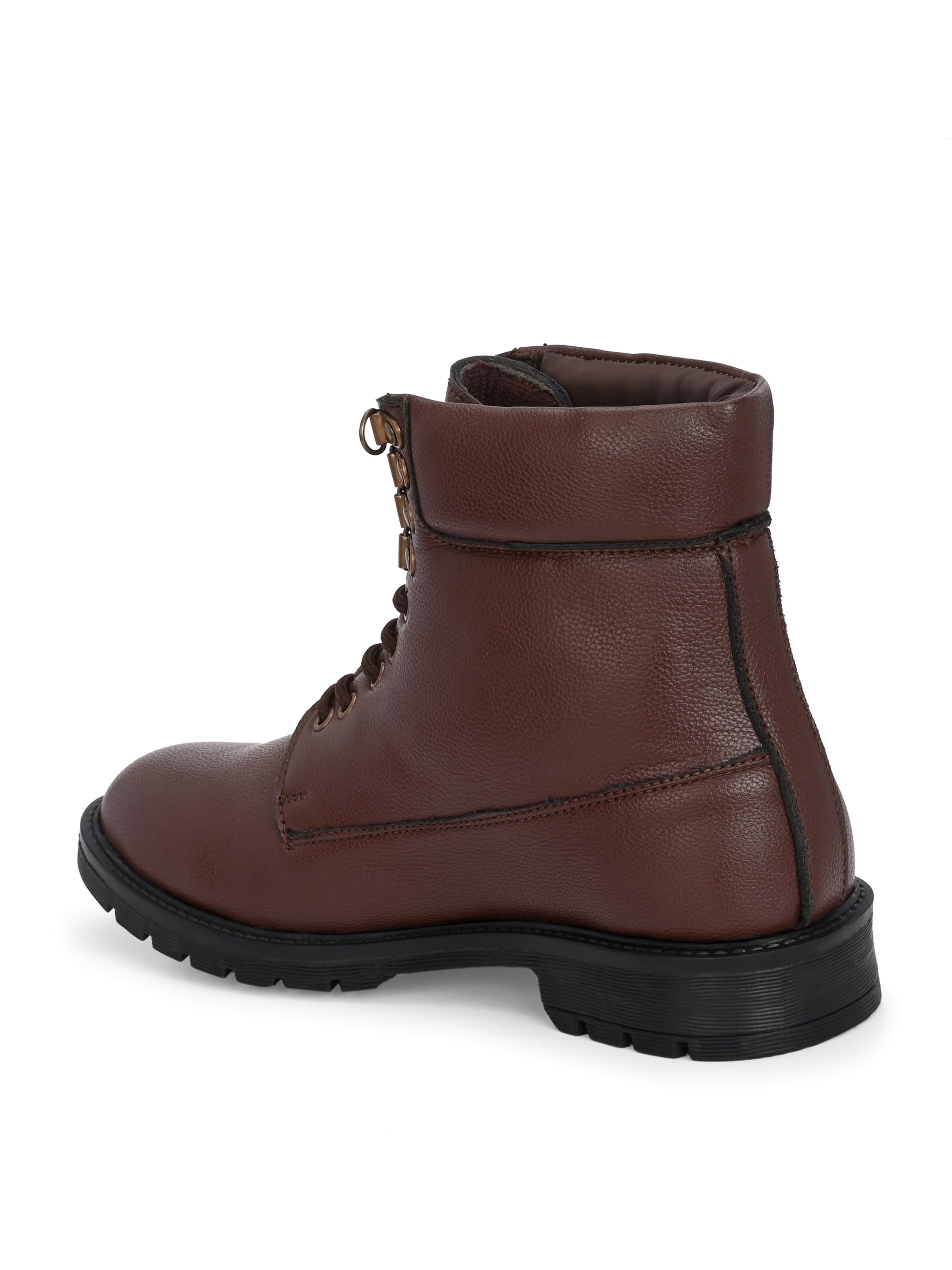 Brown lace-up ankle boots with a textured leather finish, padded collar, metal eyelets, and a rugged sole design.