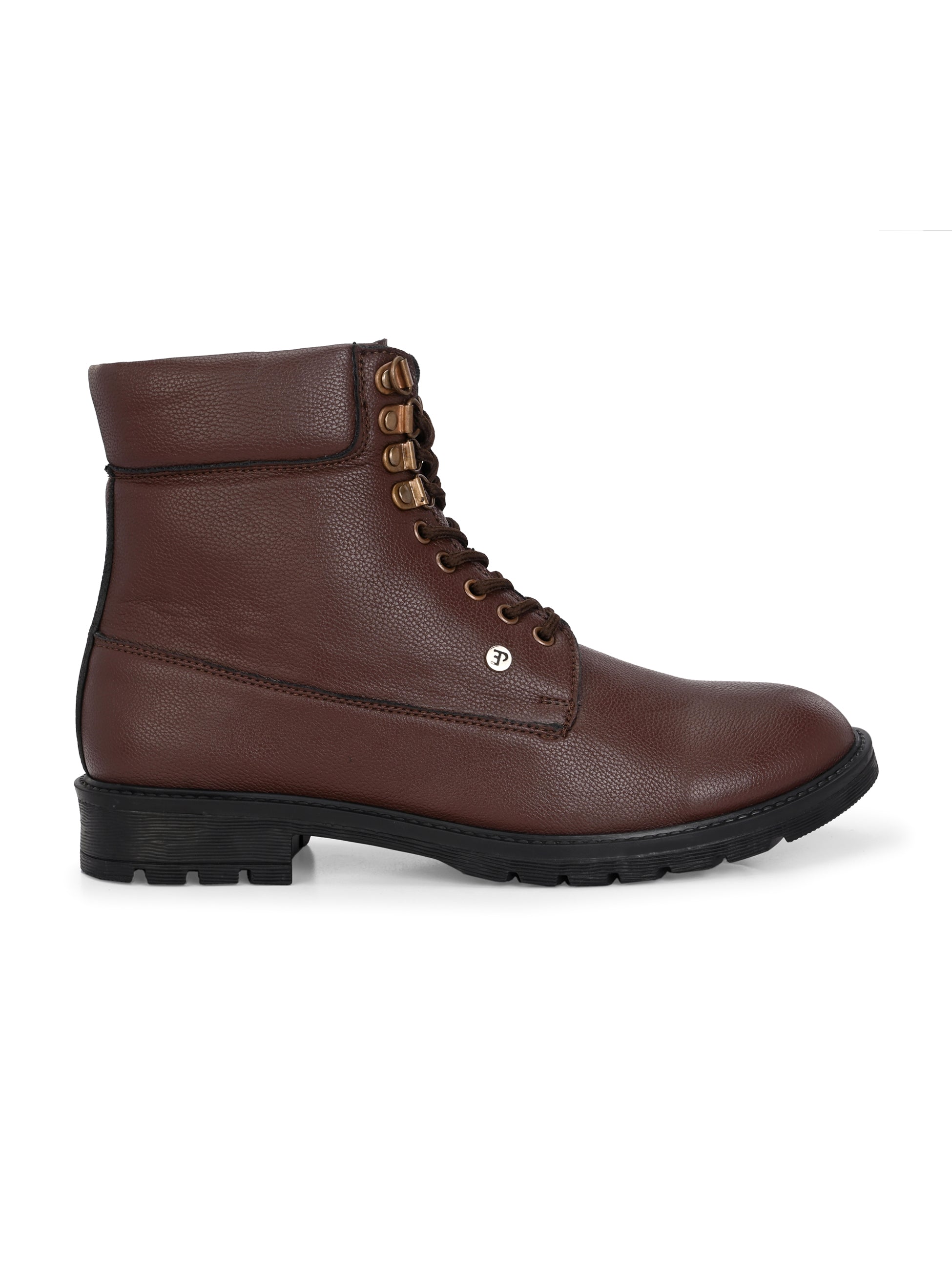 Brown lace-up ankle boots with a textured leather finish, padded collar, metal eyelets, and a rugged sole design.