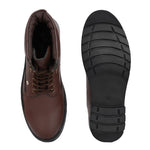 Brown lace-up ankle boots with a textured leather finish, padded collar, metal eyelets, and a rugged sole design.