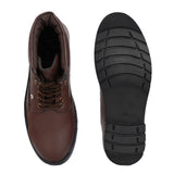 Brown lace-up ankle boots with a textured leather finish, padded collar, metal eyelets, and a rugged sole design.