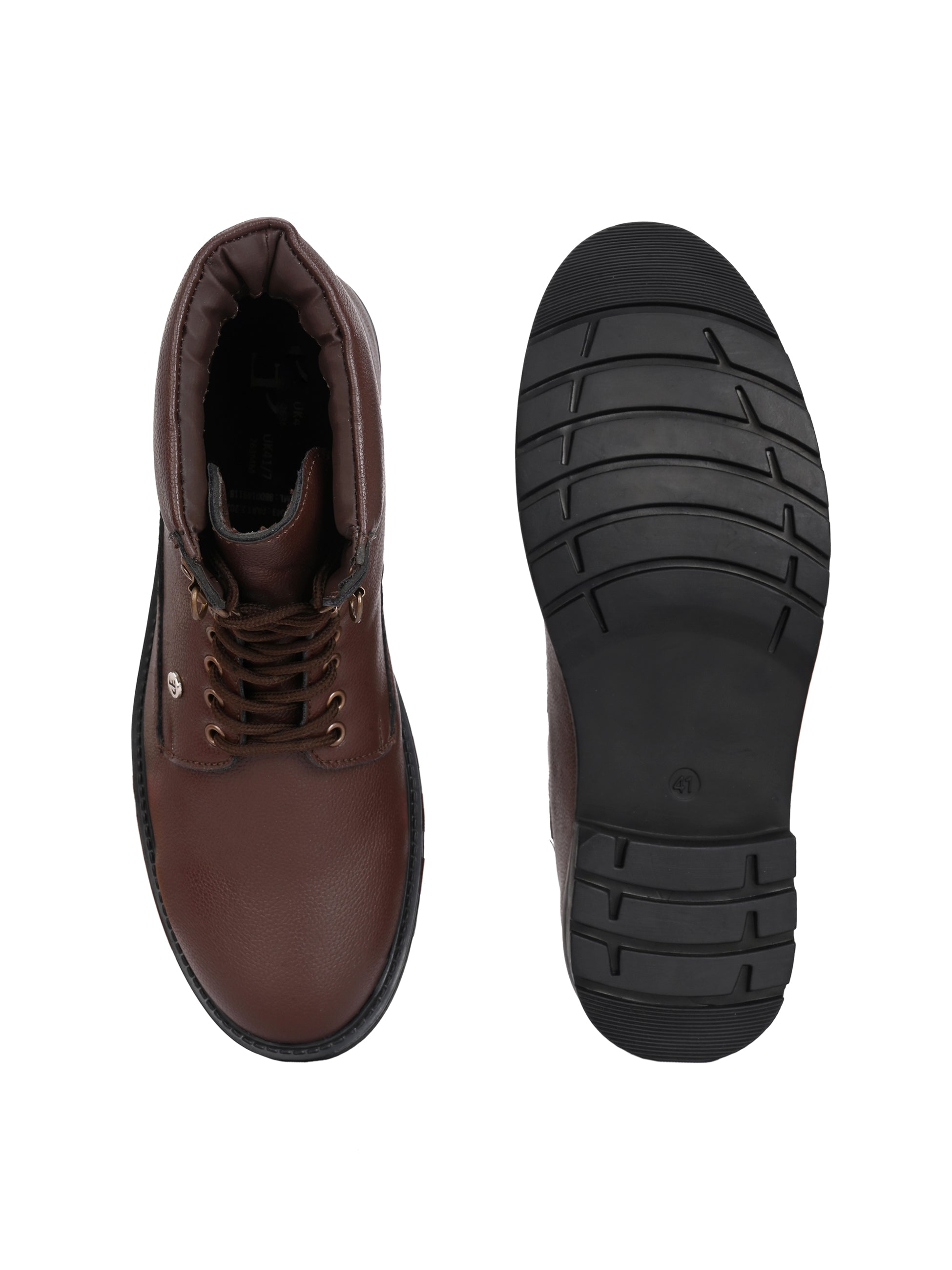 Brown lace-up ankle boots with a textured leather finish, padded collar, metal eyelets, and a rugged sole design.