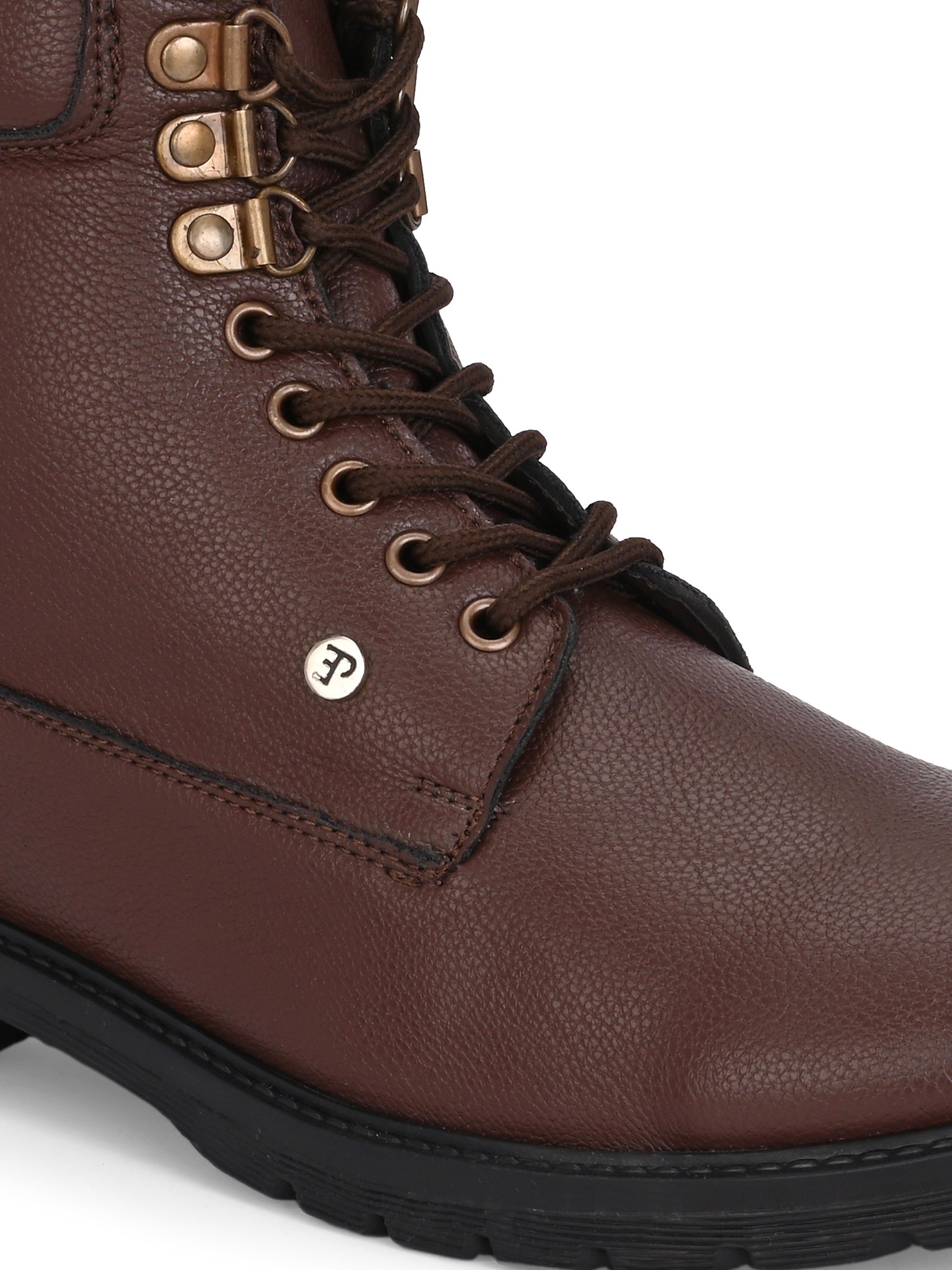 Brown lace-up ankle boots with a textured leather finish, padded collar, metal eyelets, and a rugged sole design.
