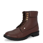 Brown lace-up ankle boots with a textured leather finish, padded collar, metal eyelets, and a rugged sole design.