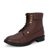 Brown lace-up ankle boots with a textured leather finish, padded collar, metal eyelets, and a rugged sole design.