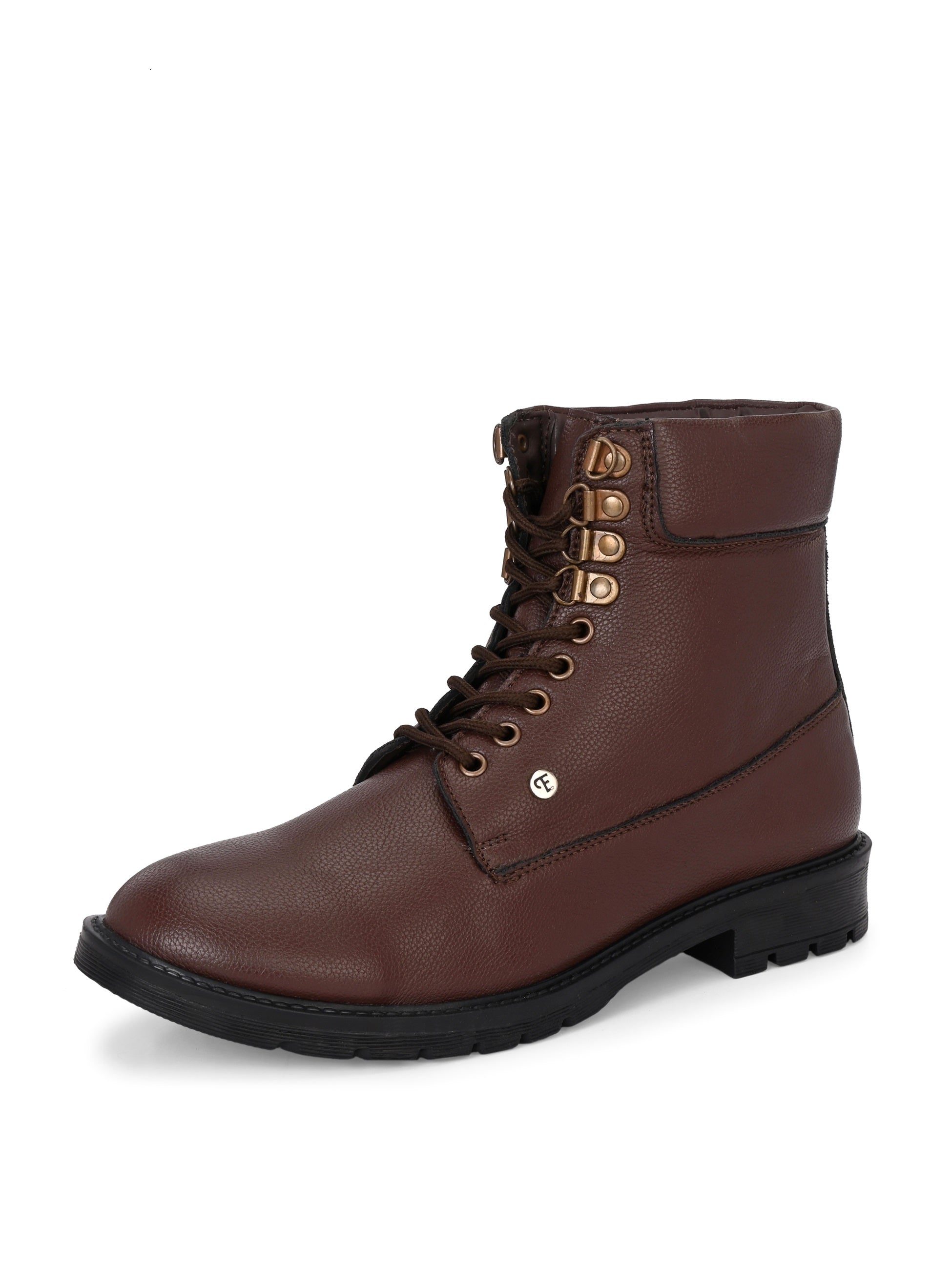 Brown lace-up ankle boots with a textured leather finish, padded collar, metal eyelets, and a rugged sole design.