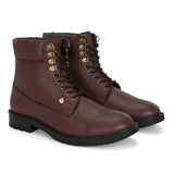 Brown lace-up ankle boots with a textured leather finish, padded collar, metal eyelets, and a rugged sole design.