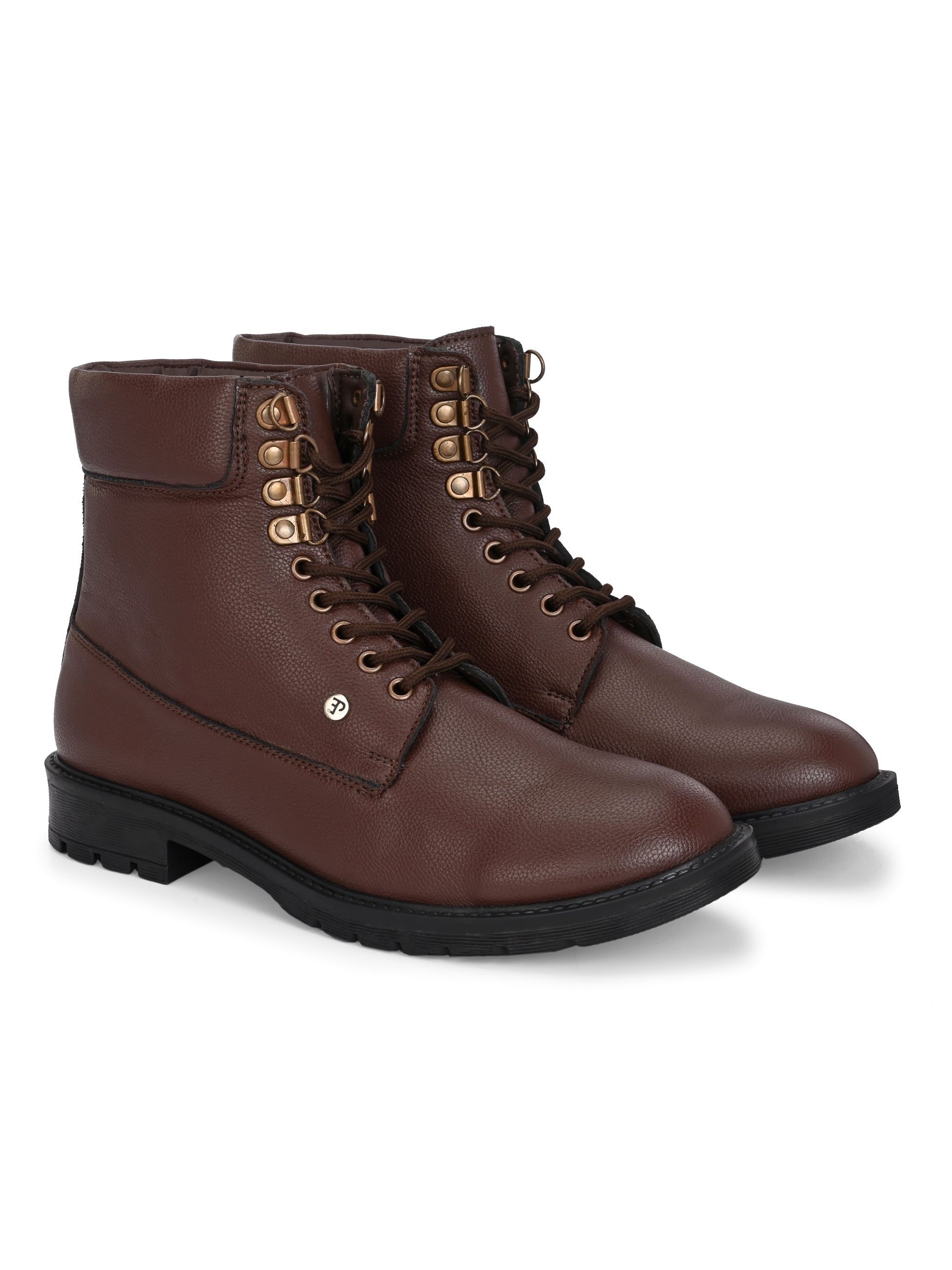 Brown lace-up ankle boots with a textured leather finish, padded collar, metal eyelets, and a rugged sole design.