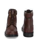 Brown lace-up ankle boots with a textured leather finish, padded collar, metal eyelets, and a rugged sole design.