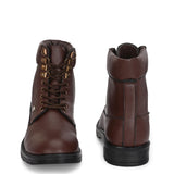 Brown lace-up ankle boots with a textured leather finish, padded collar, metal eyelets, and a rugged sole design.