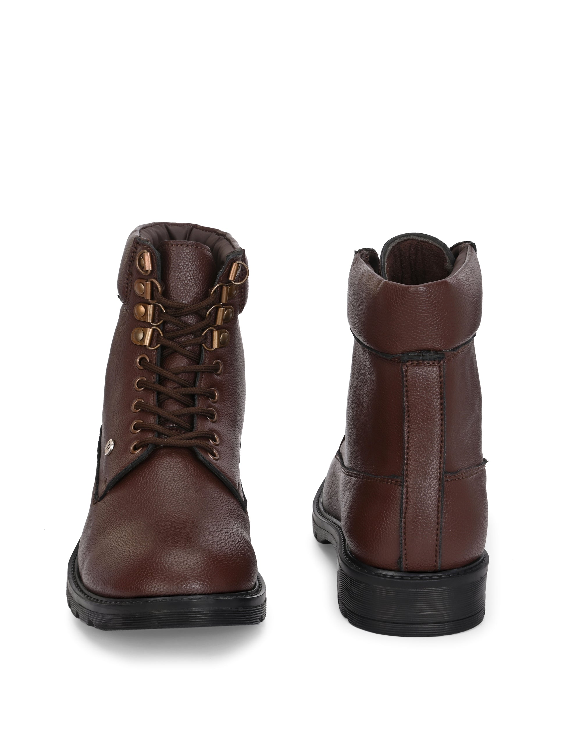 Brown lace-up ankle boots with a textured leather finish, padded collar, metal eyelets, and a rugged sole design.