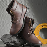 Men's brown high-top lace-up boots with textured leather, padded collar, metal eyelets, and a rugged sole.
