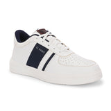 Men's Leather Casual Lace-Up Sneaker: White with navy blue stripe, perforated toe detail, and lightweight rubber sole.