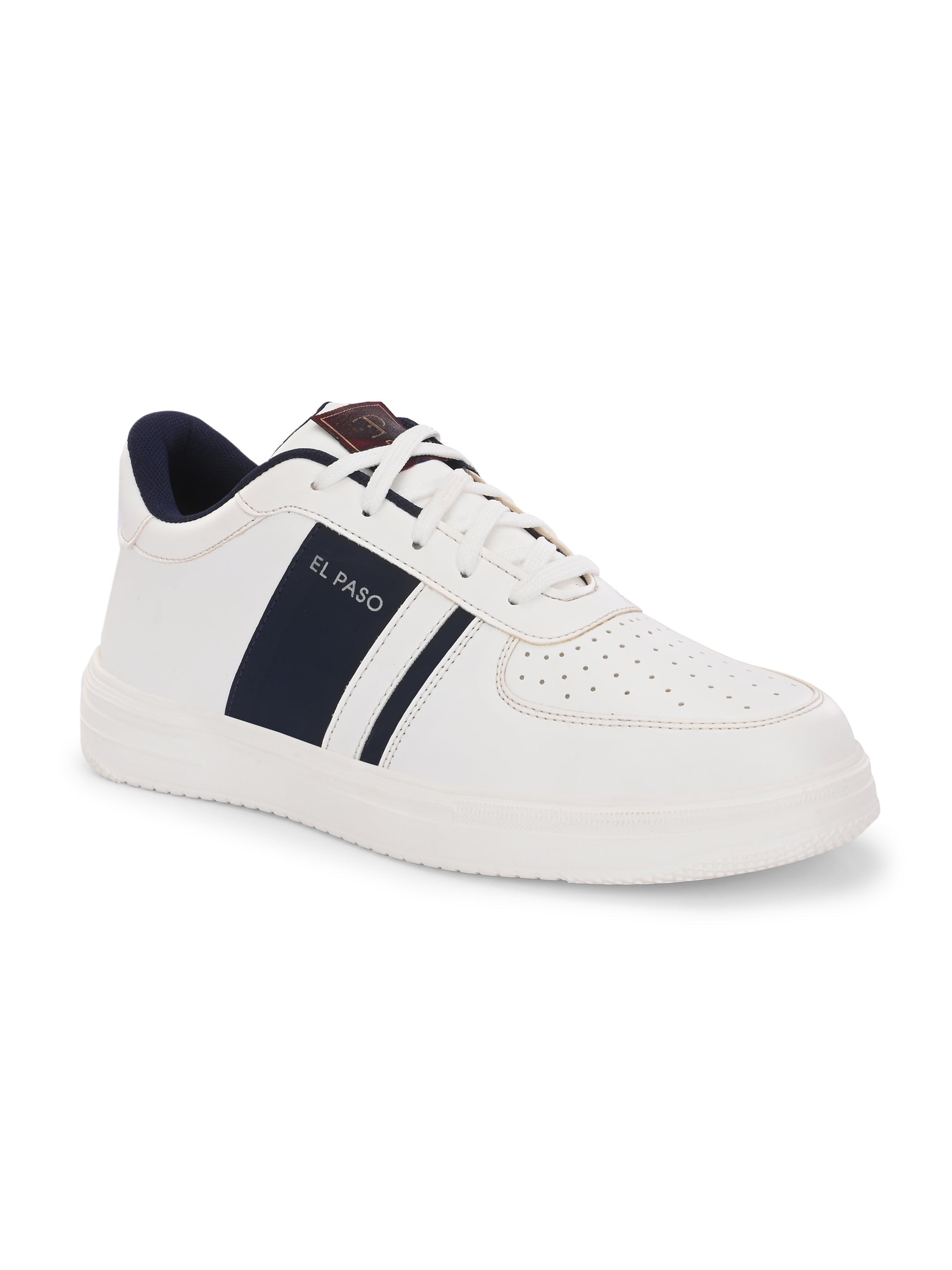 Men's Leather Casual Lace-Up Sneaker: White with navy blue stripe, perforated toe detail, and lightweight rubber sole.