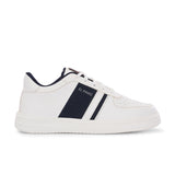 White lace-up sneakers featuring a navy blue stripe detail on the sides, perforated detailing on the toe, and a lightweight rubber sole.