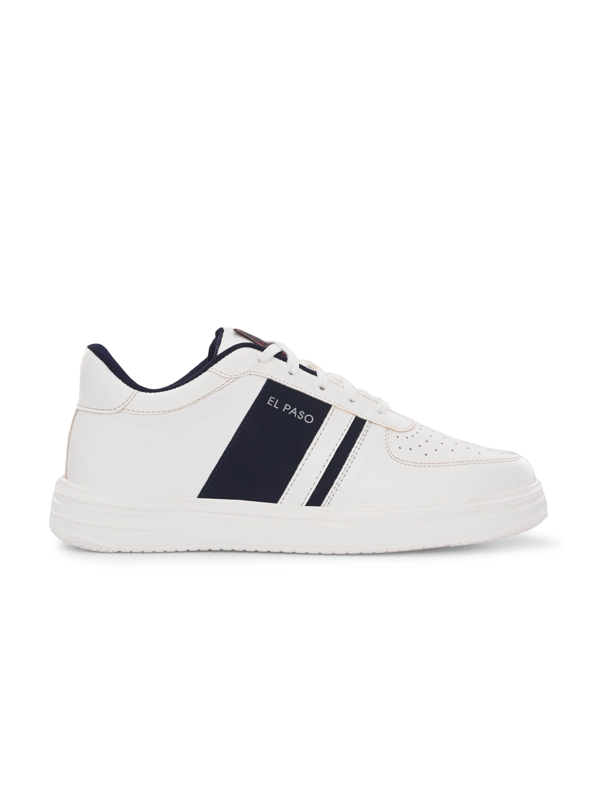 White lace-up sneakers featuring a navy blue stripe detail on the sides, perforated detailing on the toe, and a lightweight rubber sole.