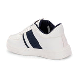 White lace-up sneakers featuring a navy blue stripe detail on the sides, perforated detailing on the toe, and a lightweight rubber sole.