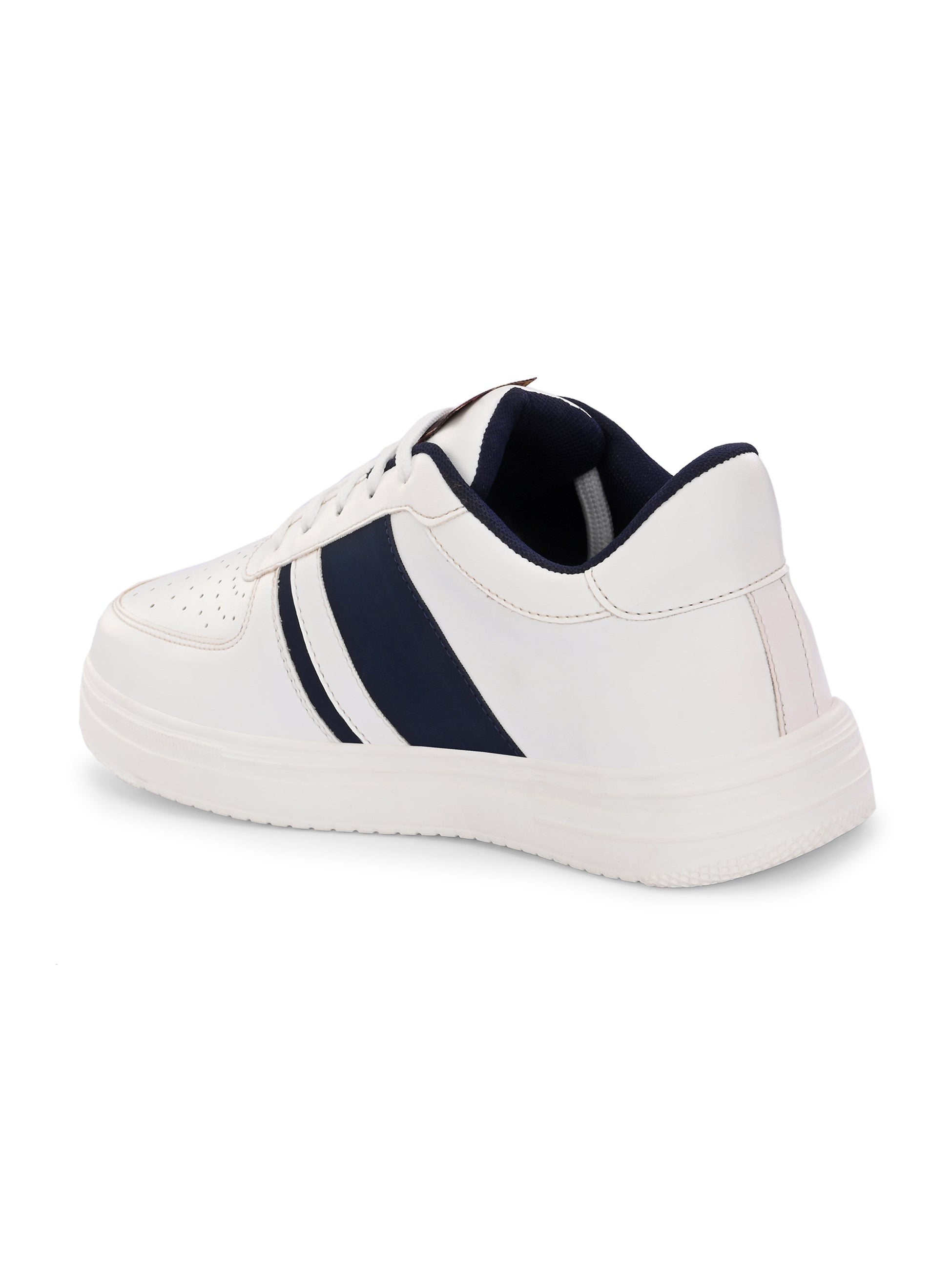 White lace-up sneakers featuring a navy blue stripe detail on the sides, perforated detailing on the toe, and a lightweight rubber sole.