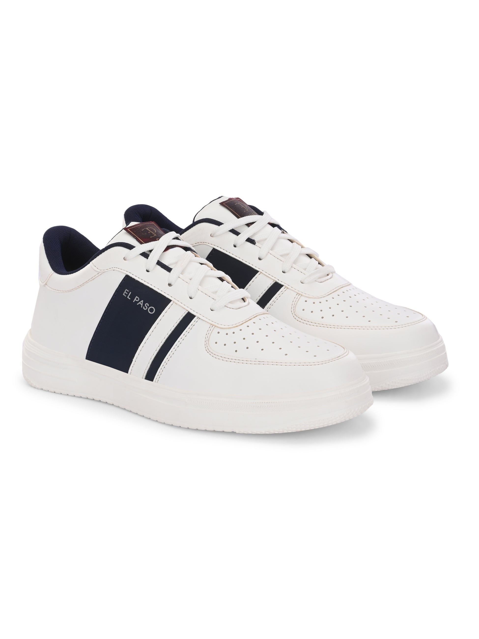 Men's Leather Casual Lace-Up Sneaker in white with navy blue stripe, perforated toe detail, and lightweight rubber sole.